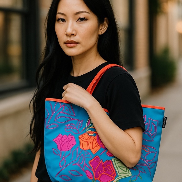 LANCOME large Tote Floral Picnic Beach School Computer orange blue green pink - Picture 1 of 6